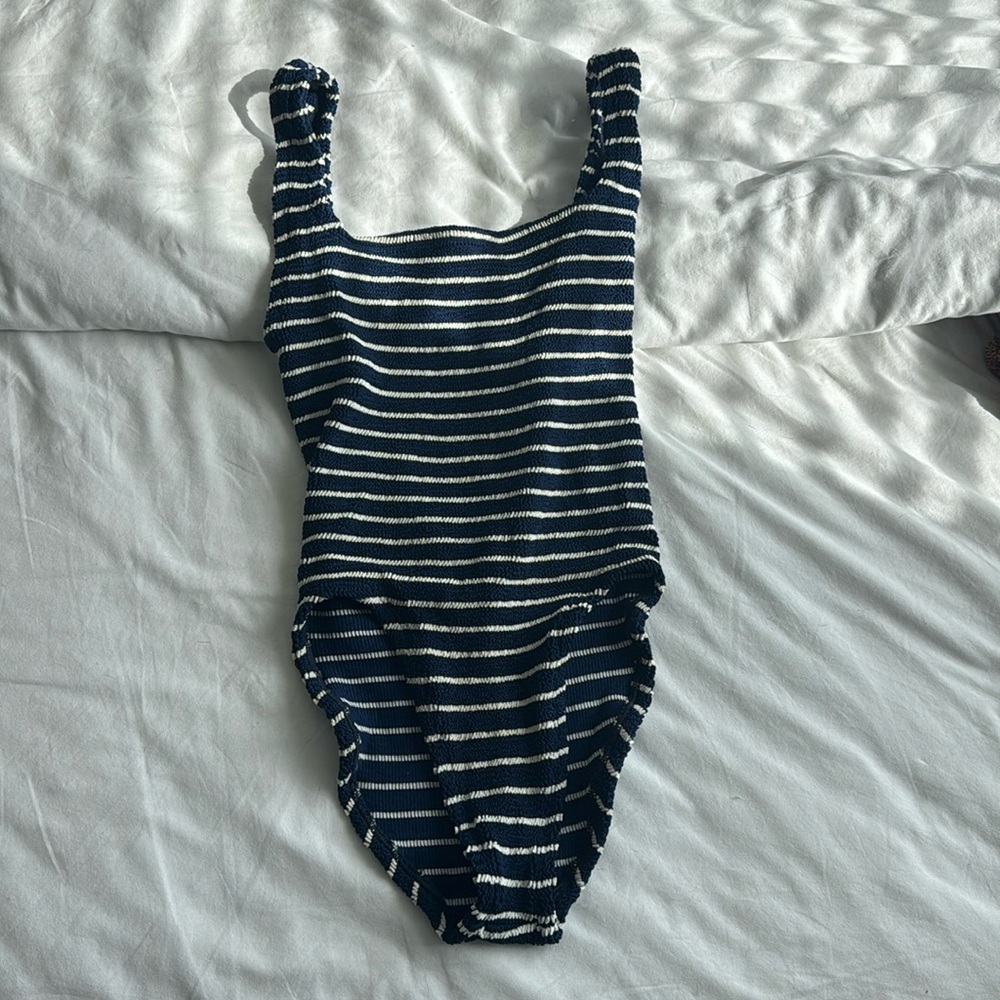 Hunza G Square Neck One Piece - Striped Navy and White